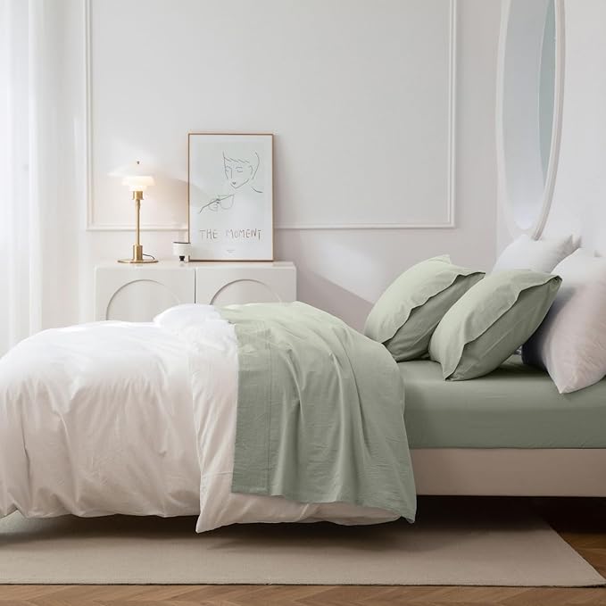 JIYUAN California King Size Sheet Set, 4-Piece - 100% Washed Cotton, Linen-Like Soft & Breathable, Includes Deep Pocket Fitted & Flat Sheet with 2 Pillowcases, Hotel Quality, Heathered Sage Green