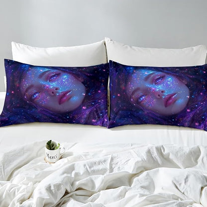 Erosebridal Anime Girl Bed Sheets Queen Size Galaxy Star Girls Fitted Sheet, Modern Fantasy Dreamy Girly Bed Set for Men Women Japanese Girl 3D Sheets 3 Pieces (No Flat Sheet)