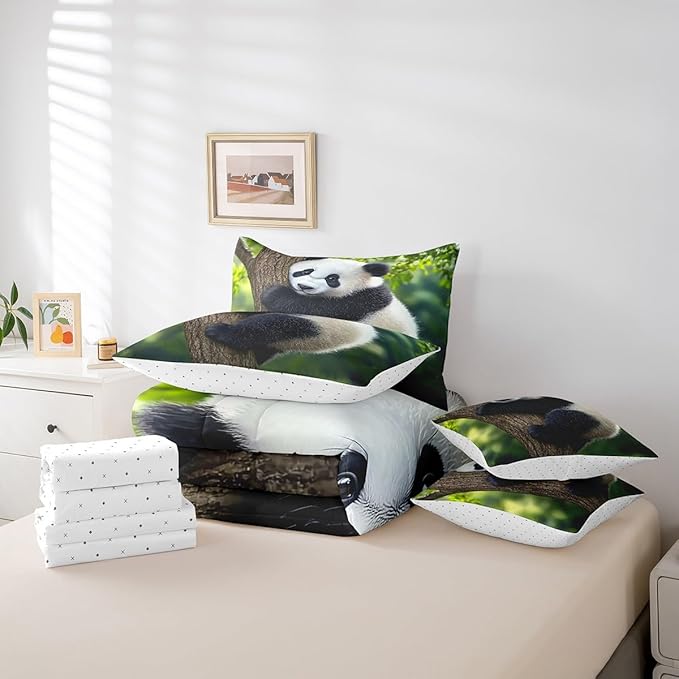 Feelyou Cute Panda Comforter Set 7 Pieces Queen Size Kawaii Bear Bedding Set for Boys Girls Nature Bed in a Bag with Comforter, Sheets, Pillowcases & Cushion Covers