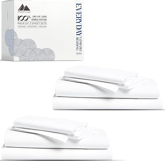 Mayfair Linen 100% Organic Cotton Percale Sheets Twin XL Size Pack or 2 - Soft & Crisp Organic Cotton Sheets Twin XL Size (6 PC, White), Dorm Room Essentials Low Pill Fade Resistant Percale Bed Sheet