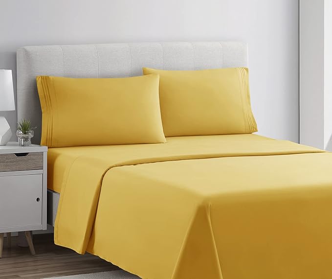 Clara Clark Bed Sheets, Premier 1800 Series 4 Piece Bed Sheet Set, Deep Pocket, Wrinkle, Fade, Stain Resistant, Luxury Soft Bedding Sheets & Pillowcases, Full, Yellow