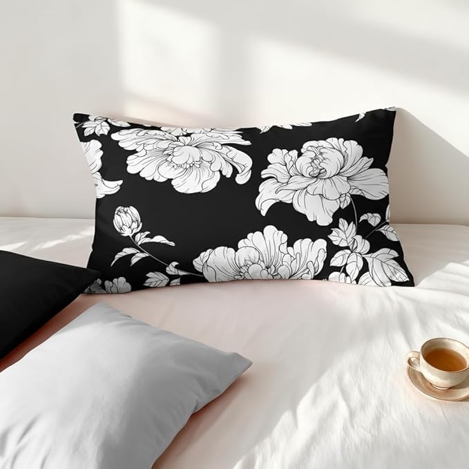 Black Floral King Size Comforter Set, 3 Pieces Vintage Farmhouse Botanical Bedding Set for Adult Women, Soft Fluffy Microfiber Quilted Comforter with 2 Pillowcases(104"x90")