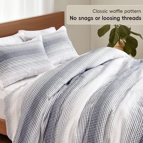 PHF Yarn Dyed Waffle Comforter Set 3 Pieces King, White and Navy Blue
