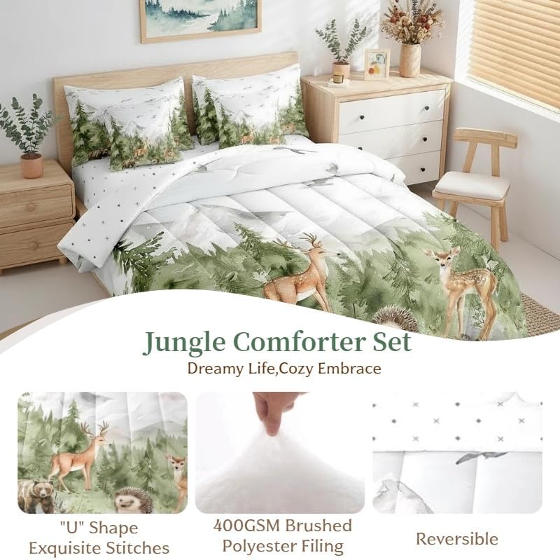 Erosebridal Giant Mountain Forest 7 Piece Bedding Set Full Woodland Animal Comforter Set Jungle Deer Bear Hedgehog Birds Pine Trees Comforter Wildlife Hunting Botanical Sheets for Kids Boys