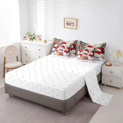 Cartoon 3D Snowman Comforter Set Bed in a Bag 7 Pieces Queen,Retro Farmhouse Christmas Theme Bedding Set,Witer Snow Watercolor Gifts (Comforter+Fitted+Flat Sheet+2 Pillowcases+2 Throw Pillow Covers)