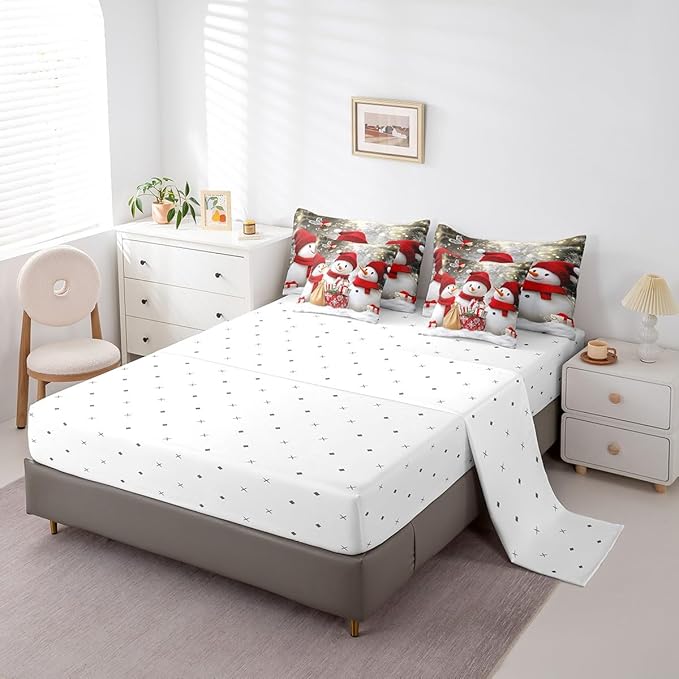 Cartoon 3D Snowman Comforter Set Bed in a Bag 7 Pieces Full,Retro Farmhouse Christmas Theme Bedding Set,Witer Snow Watercolor Gifts (Comforter+Fitted+Flat Sheet+2 Pillowcases+2 Throw Pillow Covers)