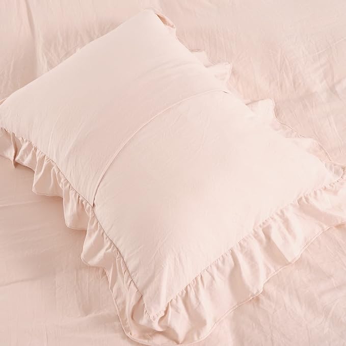 Ruffle Duvet Cover King Size, 3PCS Soft Washed Microfiber Vintage French Country Duvet Cover Set with Button Closure, Pink, 104x90 in