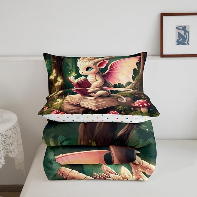 Magical Dragon Wildlife Comforter Set Queen Size Childlike Fairy Tale Bedding Set Kids Bedroom Decor Cute Jungle Mushroom All Season Quilt Set Sparkling Butterfly Bedding Comforter Sets,3Pcs