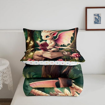 Magical Dragon Wildlife Comforter Set King Size Childlike Fairy Tale Bedding Set Kids Bedroom Decor Cute Jungle Mushroom All Season Quilt Set Sparkling Butterfly Bedding Comforter Sets,3Pcs