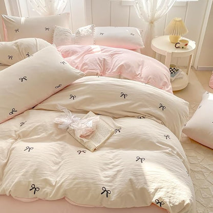 Nayoroom Bow Duvet Cover Queen Size Reversible Pink Coquette Duvet Cover 3 Pieces Soft Lightweight Microfiber Kids Girls Cute Aesthetic Dorm Bedding Set, White/Pink