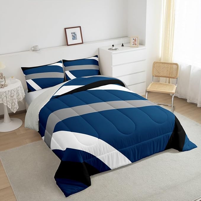Erosebridal Blue Gray Black Striped Twin Bedding Sets for Adult Women Men Modern Abstract Comforter Set Geometric Lines Quilt Duvet Set Aesthetic Boho Bedding Collections