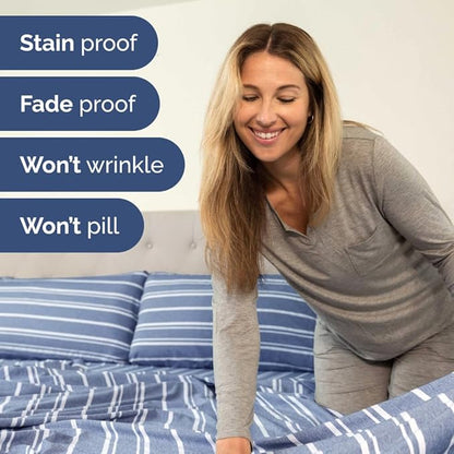 Short Queen Size 4 Piece Sheet Set - RV Short Queen, Soft, Breathable & Cooling Bed Sheets Set w/ Deep Pockets - Hotel Luxury Bedding for Women, Men, Kids, Teens, Boys & Girls, Oeko-Tex - Blue Stripes