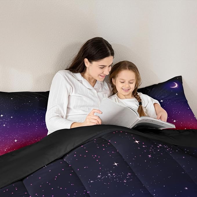 Erosebridal Purple Galaxy Comforter Queen Size Moon Star Comforter Set Night Starry Sky Bedding Sets Reversible Space Nebula Cosmos Aesthetic Quilt Bedding for Kids Adults 2 Pillow Cases