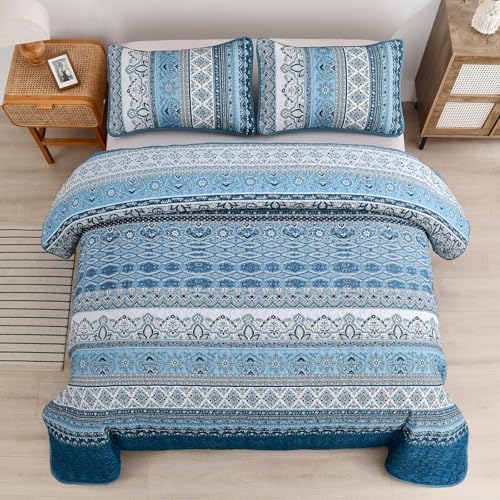 WONGS BEDDING Blue Quilt California King Size,3 Pcs Bedspread Bedding Set