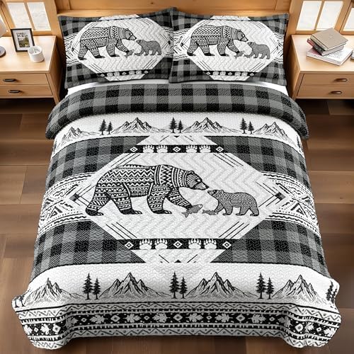 3 Piece Cabin Full/Queen Quilt Sets Farmhouse Rustic Reversible Microfiber Soft Lightweight Bedspread Comforter with 2 Shams Patchwork Country Lodge Bedding Quilts Set for All Season, 90''x96'' , Grey