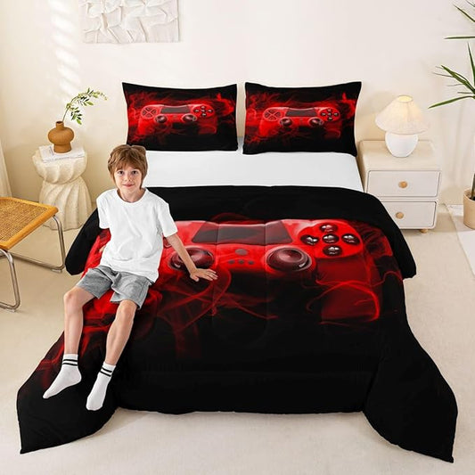 Feelyou Kids Gaming Comforter Set Twin Size Gamer Bedding Set for Boys Teens Gamer Bedroom Decor Youth Video Game Comforter Red Black with 1 Pillow Case