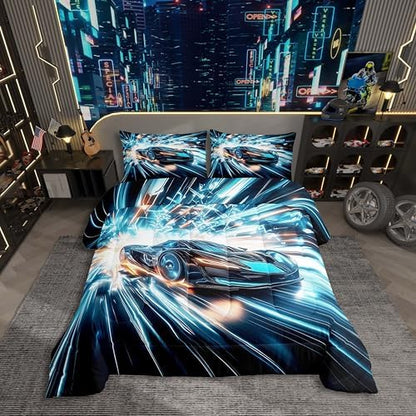 Blue Racing Car Comforter Set King Size Furious Extreme Sport Games Bedding Sets for Kids Boys Teens,Sports Race Car Bed Set,Cool Modern Duvet Insert with 2 Pillowcases,All Season,Black Blue