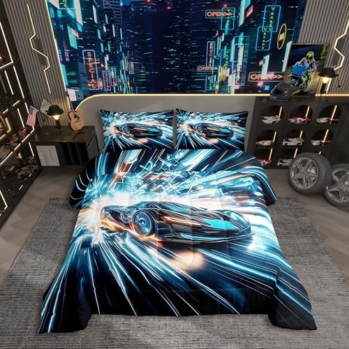 Blue Racing Car Comforter Set Full Size Furious Extreme Sport Games Bedding Sets for Kids Boys Teens,Sports Race Car Bed Set,Cool Modern Duvet Insert with 2 Pillowcases,All Season,Black Blue