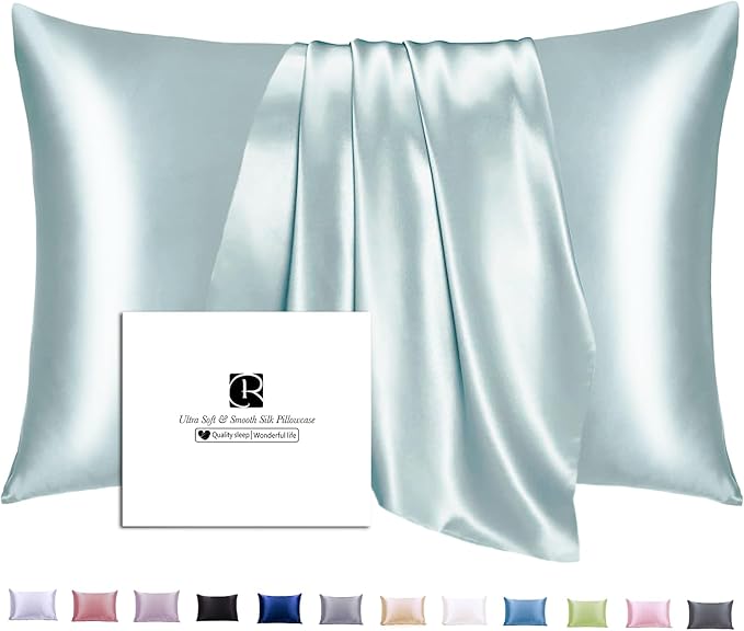 Ravmix Silk Pillow Cases with Zipper, 21momme Mulberry Silk Pillowcase for Hair Skin Health, Soft Smooth Breathable Cool Pillow Cover for Beauty Sleep with Gift Box 1PC(Queen 20"x30", Aqua Green)