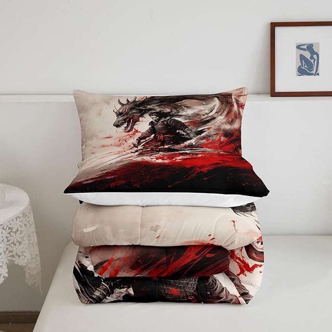 Japanese Samurai Comforter Set Queen Size,Dragon Sword Traditional Pattern Bedding Set for Kids Boys Girls Room Decor,Black Red White Ink Style Duvet Insert 3Pcs,Luxury Soft Quilt Set,2 Pillowcases