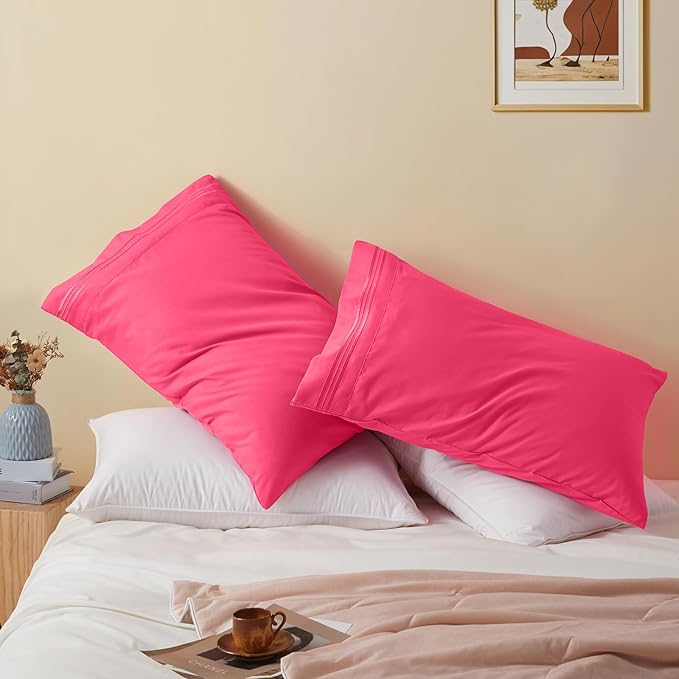 Vonty 2 Pack King Pillow Cases - 20x40 Inch, 1800 Thread Count Microfiber Pillowcases King Size Hot Pink Pillow Cases Luxury & Soft Embroidered Bed Pillow Covers with Envelope Closure