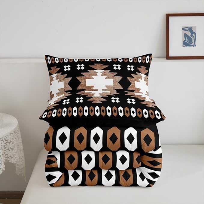 Feelyou Boho Comforter Set Toddler Size Southwest Native American Design Comforter Southwestern Geometric Bedding Set Western Decor Duvet Set Brown Balck Quilt Set