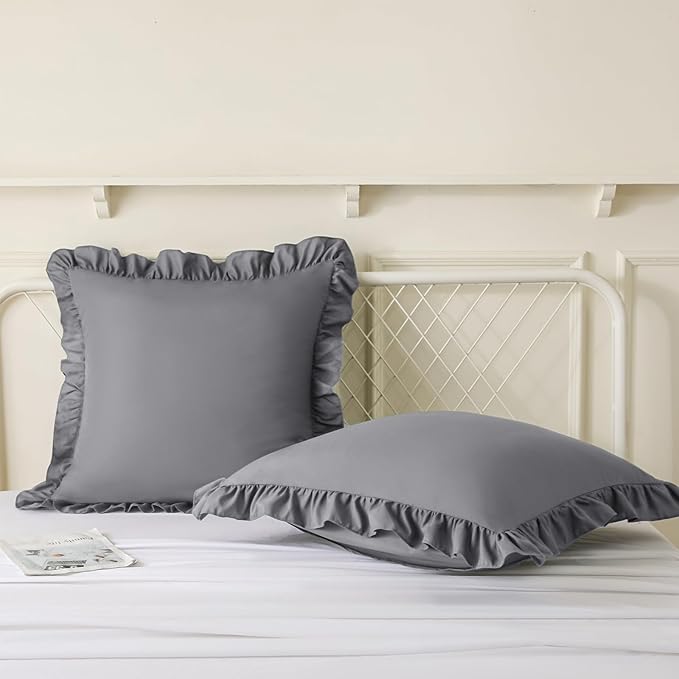 KKJIAF Ruffle Pillow Cases 18x18 Inches, Grey Square Ruffled Pillow Covers Set of 2, Microfiber Wrinkle Resistant Pillow Shams with Envelope Closure for Sofa Bed Living Room