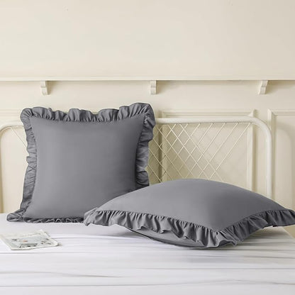 KKJIAF Ruffle Pillow Cases 18x18 Inches, Grey Square Ruffled Pillow Covers Set of 2, Microfiber Wrinkle Resistant Pillow Shams with Envelope Closure for Sofa Bed Living Room