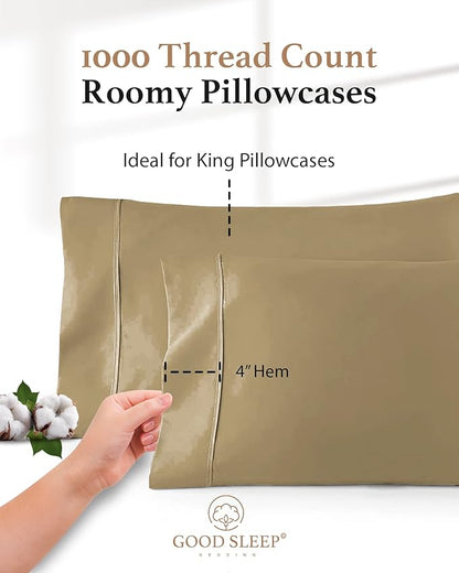1000 TC Taupe King Pillowcases Set of 4 100% Egyptian Cotton Pillow Cases with Long Staple Cotton & Sateen Weave, Silky Soft Hotel - Like Bed Pillow Covers for Comfy Sleeping, Snug Fit