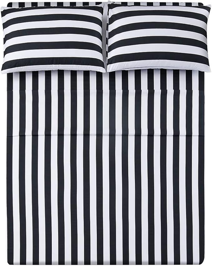 Best Season Queen Size Stripe Sheet Set-4 Piece Super Soft Microfiber Bedding-Deep Pocket, Stain, Fade & Wrinkle Resistant(Black&White)