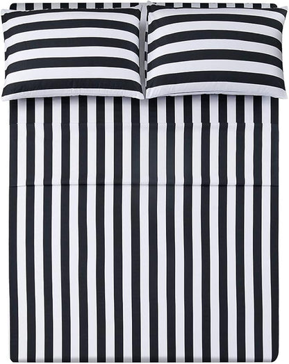 Best Season Queen Size Stripe Sheet Set-4 Piece Super Soft Microfiber Bedding-Deep Pocket, Stain, Fade & Wrinkle Resistant(Black&White)