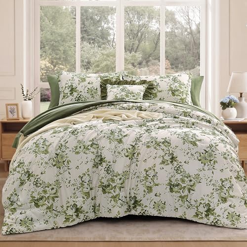 BLOOMHAVEN King Size Comforter Set-7 Pieces Green Floral Bed in a Bag King