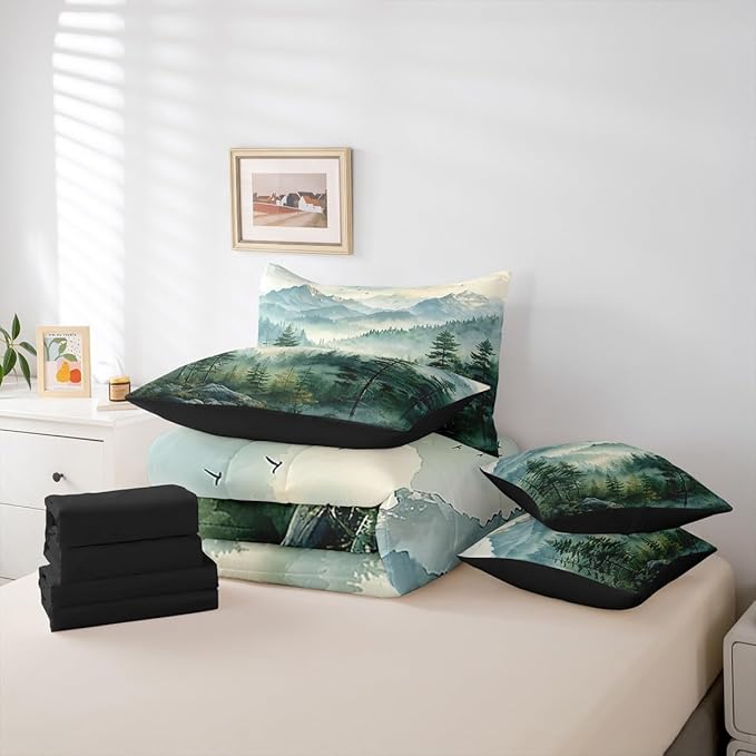 Erosebridal Green Forest King Comforter Set with Sheets 7 Piece Woodland Mountain Bed in A Bag Watercolor Pine Tree Bedding Sets for Kids Adults,Nature Aesthetics Bed Set