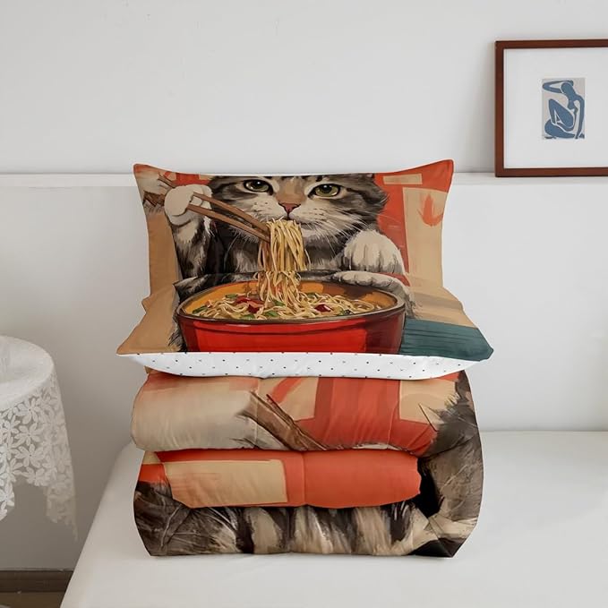 Erosebridal Cat Quilt Insert Twin Size Noodles Bedding Set for Kids Boys Girls Bowl Food Kawaii Cute Kitten Red Grey Comforter Warm Soft Comforter Set