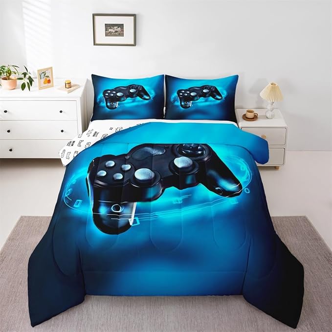 Feelyou Gamer Bedding Set for Boys Toddler Size Comforter Set Kids Gaming Comforter Blue Gamer Room Decor Video Game Gamepad Bed Set Teens Teenage Bedding Soft Warm 1 Comforter with 1 Pillowcases