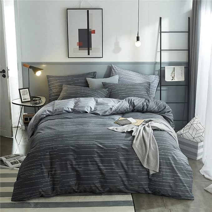 LifeTB Grey Striped Duvet Cover Set King 100% Cotton Geometric Stripes Pattern Printed Comforter Cover Modern Style Striped Bedding Set Soft Breathable Duvet Cover King with Zipper Closure