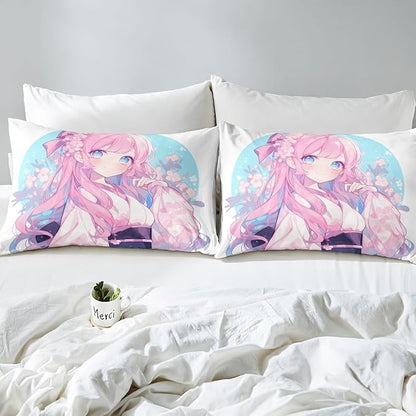 Erosebridal Girls Bedding Set Japanese Style Fitted Sheet Twin, 3D Anime Girl Bed Sheets Cartoon Kawaii Kimono Girl Sheets Romantic Gifts for Her, 1 Fitted Sheet 1 Pillowcase (No Top Sheet)