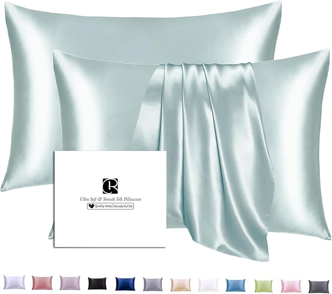 Ravmix Silk Pillow Cases 2 Pack with Zipper, 21momme Mulberry Silk Pillowcase for Hair Skin, Soft Smooth Breathable Cool Pillow Cover for Beauty Sleep with Gift Box(Standard 20"x26", Aqua Green)