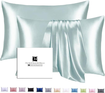 Ravmix Silk Pillow Cases 2 Pack with Zipper, 21momme Mulberry Silk Pillowcase for Hair Skin, Soft Smooth Breathable Cool Pillow Cover for Beauty Sleep with Gift Box(Standard 20"x26", Aqua Green)