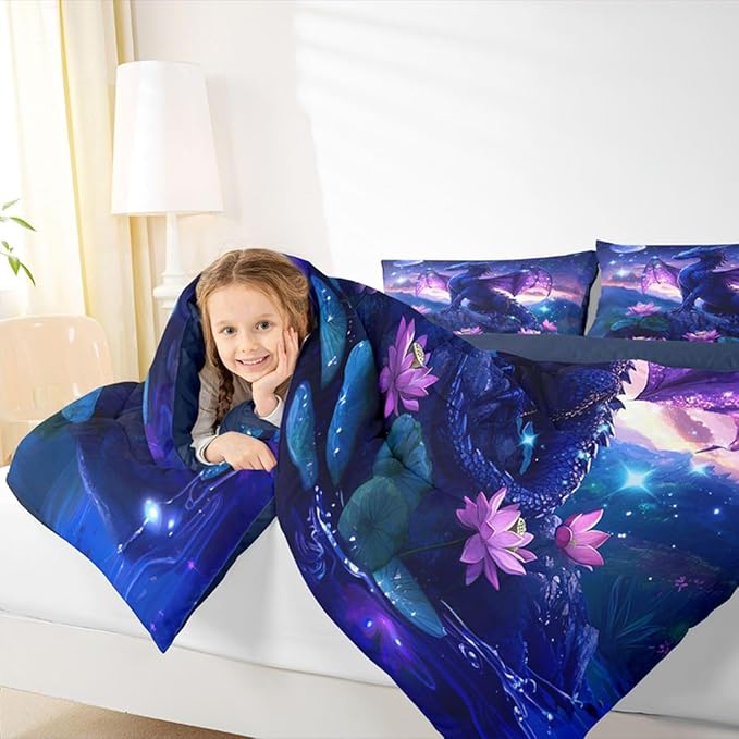 Feelyou Dragon Kids Comforter Set King Size Dragon Stuff Bedding Set Wild Life Duvet Quilt for Kids Boys Girls Bedroom Magic Wildlife Decor Purplish Microfiber Ultra Soft Breathable