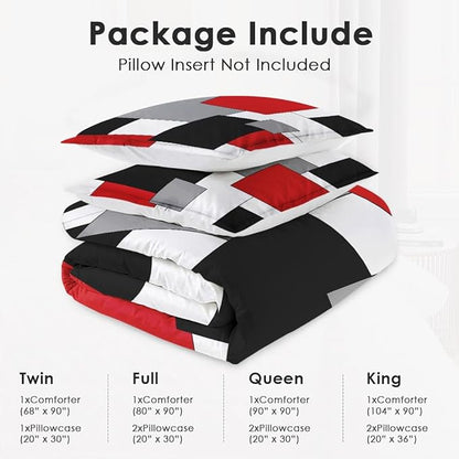 Queen Size Comforter Set with 2 Pillowcases, Black White Red Geometric Soft 3 Pcs Bedding for Kids and Adults Bedroom Bed Decor