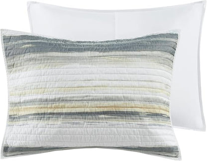Madison Park Quilt Set Cottage Coastal Design, 6 Piece Set - All Season, Coverlet Bedspread Lightweight Bedding Layer, Shams, Toss Pillows, Full/Queen(90 in x 90 in), Yellow/Grey