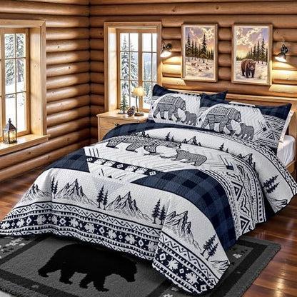 3 Piece Cabin King Size Quilt Sets Farmhouse Rustic Reversible Microfiber Soft Lightweight Bedspread Comforter with 2 Shams Patchwork Country Lodge Bedding Quilts Set for All Season, 106''x96'', Blue