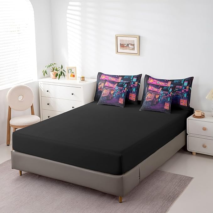 Feelyou Japan Art Comforter Set 7 Pieces King Size Tokyo Anime Bedding Set for Boys Girls Japanese Night City Bed in a Bag with Comforter, Sheets, Pillowcases & Cushion Covers
