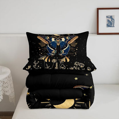 Erosebridal Butterfly Bedding Set Full, Halloween Boho Moth Comforter Set for Adult Women Men 3Pcs,Black Starry Sky Down Comforter Boho Exotic Moon Star Comforter Flower Weed Botanical Duvet Insert