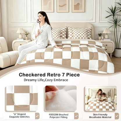 Feelyou Checkered Queen Comforter Set with Sheets for Kids Boys Girls Brown Plaid 7 Pieces Bedding Set Vintage Checkerboard Geometric Bed in a Bag Reversible Grey Room Decor Soft