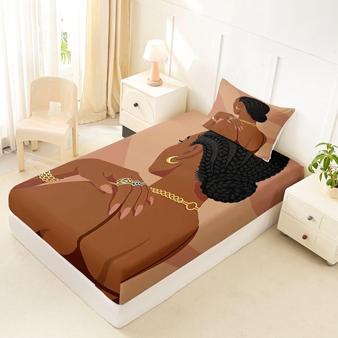Erosebridal Fashion Black Woman Bedding Set Twin Size 2 Piece Romantic Makeup Themed Girls Bed Sheets Fashionable Gorgeous Fitted Sheet Vogue Afro Girls Sheets for Kids Teens Adult Bedroom