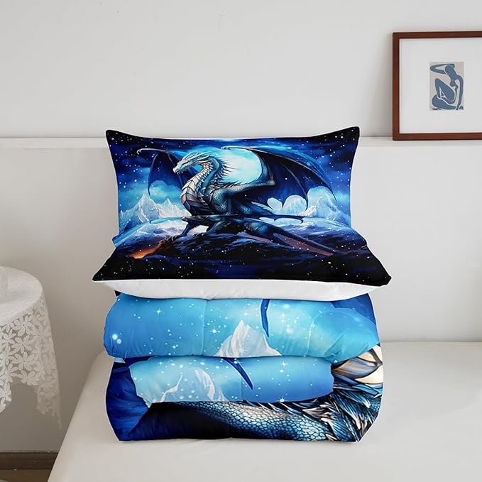 Dragon Bedding Set Full Size,Snow Mountain Starry Sky Galaxy Comforter Set for Kids Boys Men Teens Room Decor,Glitter Star Trippy Duvet Insert 3Pcs,Western Magical Animal Blue Quilt Set,2 Pillowcases