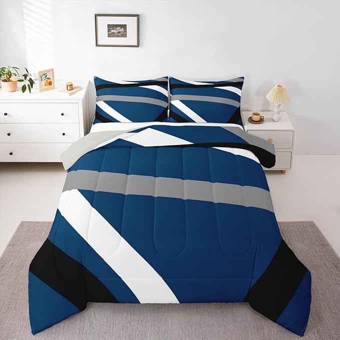 Erosebridal Blue Gray Black Striped Bedding Set Full Size Modern Abstract Comforter Set for Adult Women Men Geometric Lines Bed Sets Aesthetic Boho Duvet Quilt Sets