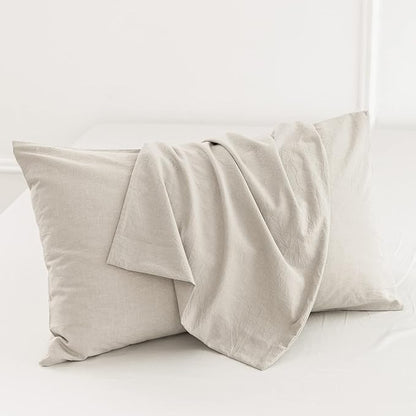 MooMee Bedding Pillowcases Pack of 2 100% Washed Cotton Linen Like Textured Breathable Durable Soft Comfy (Heathered Cream Grey, King)